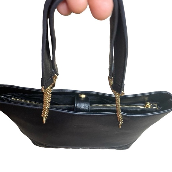 Anne Klein Black Chain Strap Pebble Faux Leather Part Quilted Shoulder Tote Bag - Picture 4 of 15